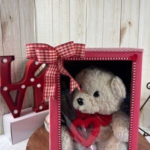 Charming Red and Cream Teddy Bear Gift Box with a Starbucks tumbler.